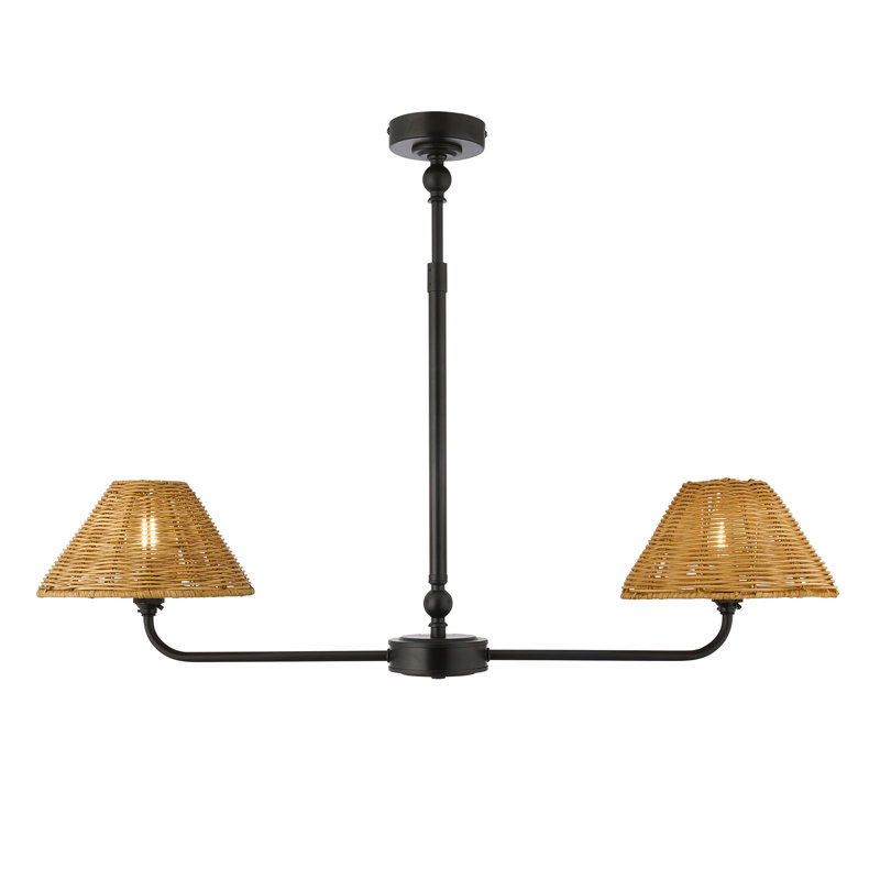 2 - Light Linear Chandelier, Matt Black & Dark Rattan