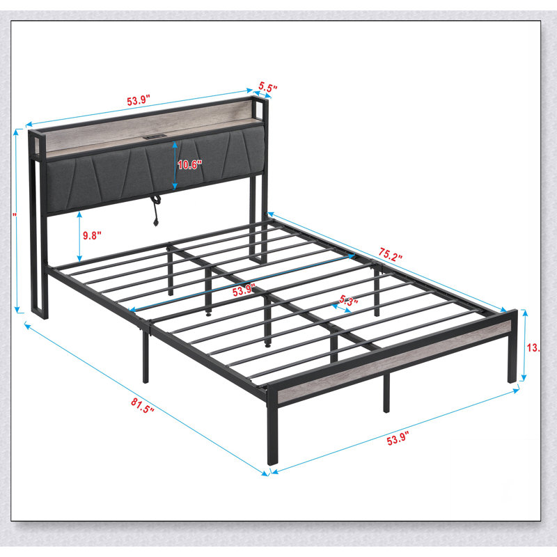 Base de lit plateforme avec tête de lit tapissier et USB, Noir / Beige, Double