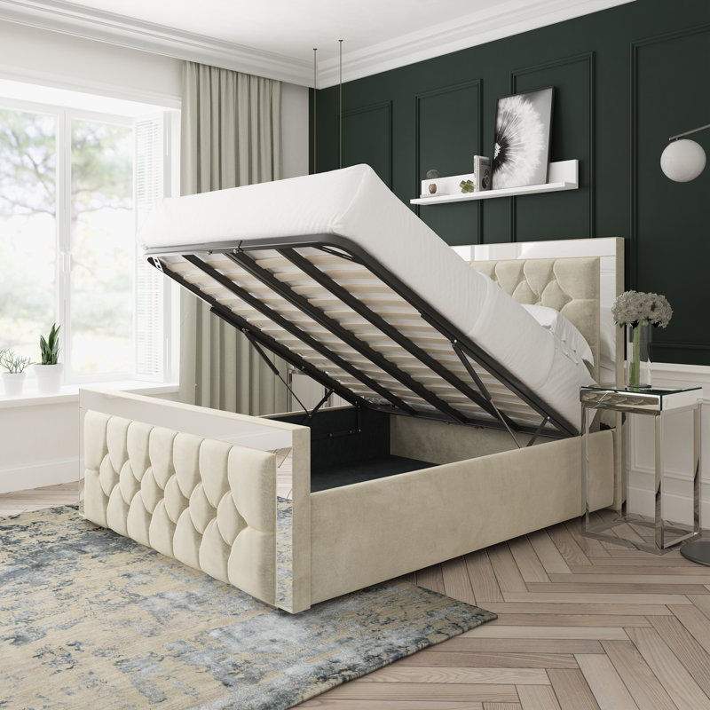 Sage Naples Velvet Upholstered Ottoman Bed Frame, Kingsize (5'), Cream