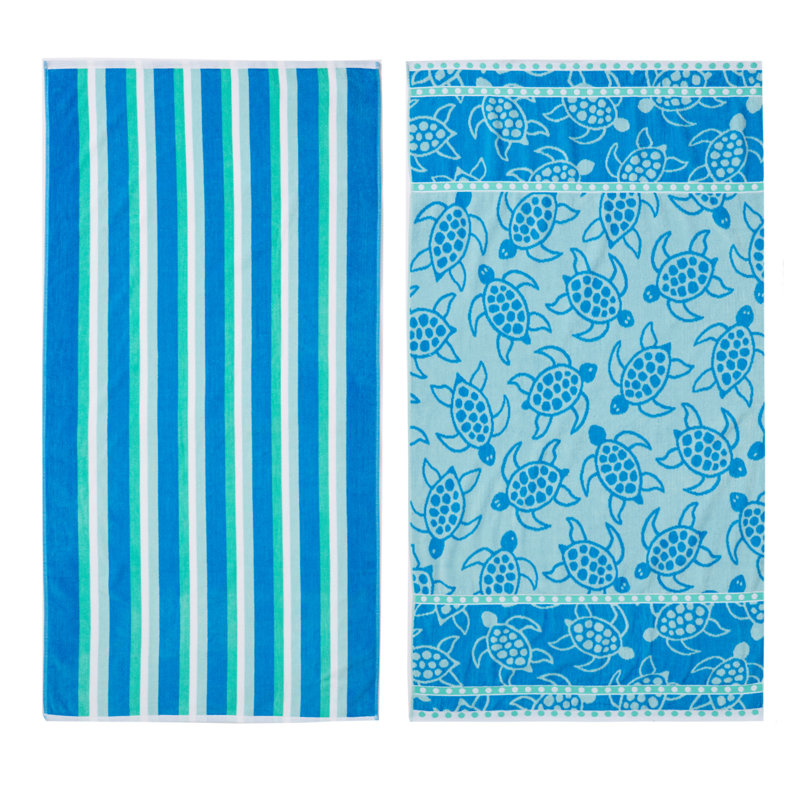 Serviettes de plage 100% jacquard 100% coton, Bleu royal / tortue et rayures bleu sarcelle