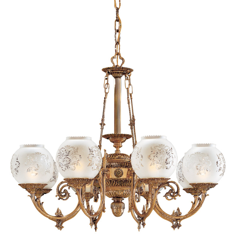 Antique Brass 8-Light Chandelier with Frosted Etched Glass Shades