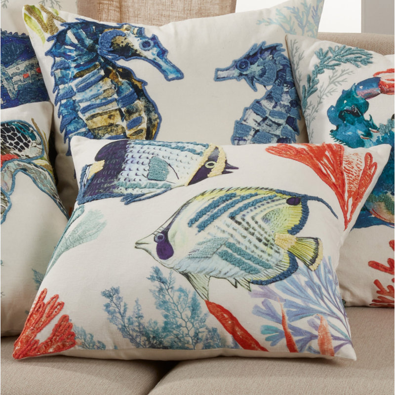 Tropical Fish Embroidered 20" Square Poly Filled Pillow