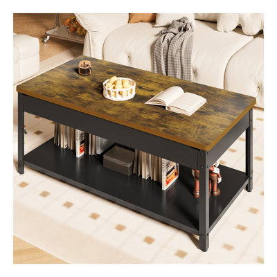 Rectangular Double-Layer Coffee Table With Hidden Storage Compartment And Fingerprint Lock - Living Room Dining Table, Suitable For Apartments, Residences, Apartment Buildings - Wood Grain Pattern