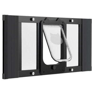Cat Door for Window, Adjustable to Fit Window Width 27"-32", 4 Secure Lock Modes, Aluminum Frame and High-Transparency Glass, Magnetic Closure, Weatherproof Quick-Fit Pet Door for Cats, Black