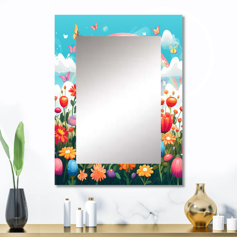 Orange Monarch Butterfly Idyllic Flowerfield II - Butterfly Large Wall Mirror, Modern Decorative Mirror, Printed Metal Art
