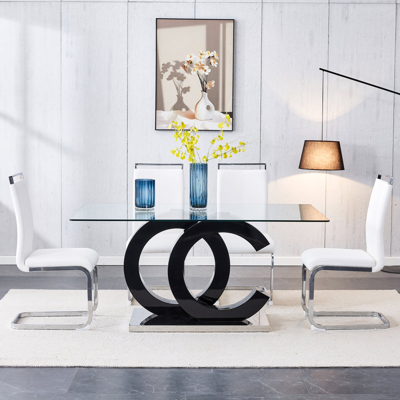 Crystalynn Modern 63-Inch Rectangular Glass Top Dining Table Set, White, 5 Pieces: Table, 4 Chairs