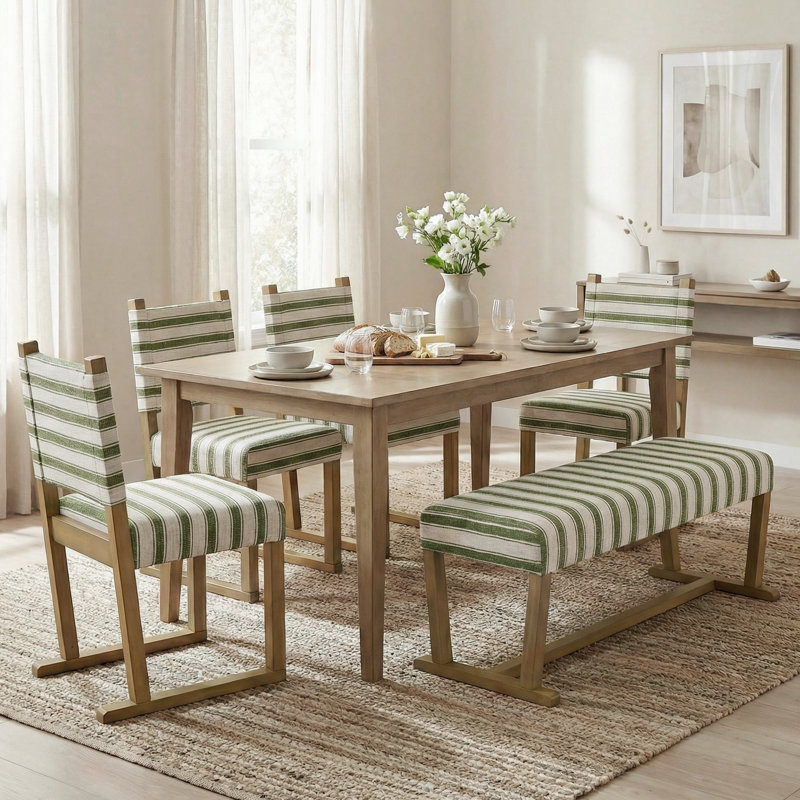 Ensemble de salle à manger 5 pièces rembourré - 4 chaises rayées + 1 banc, table non incluse, Rayure vert sauge