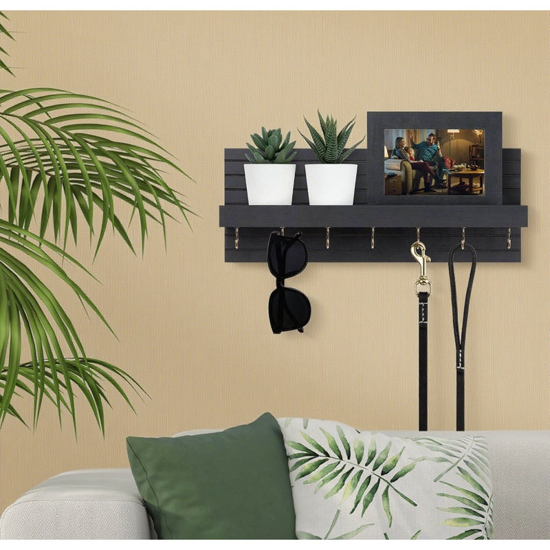Porte-clés mural avec tablette et 7 crochets, porte-courrier et porte-clés décoratif pour laisses et verres, Noir