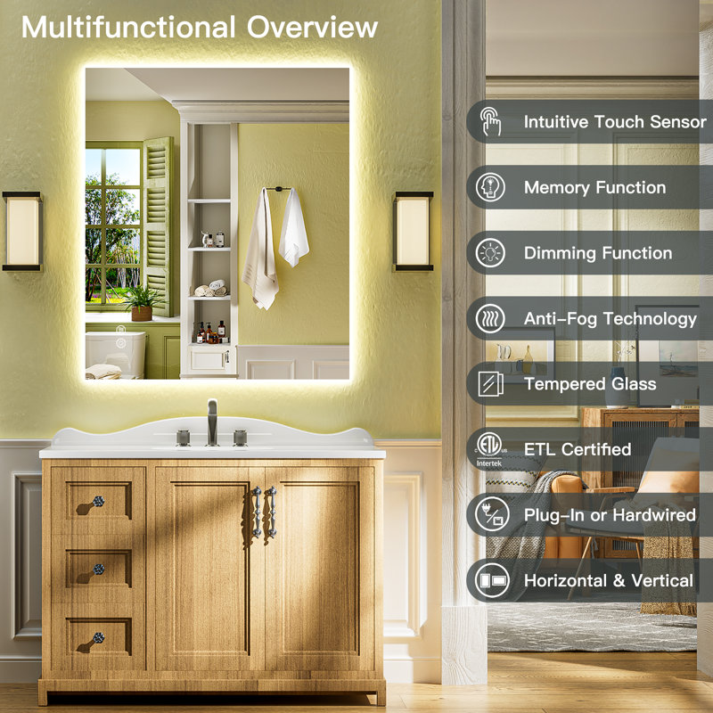 Bathroom LED Mirror with Backlit, Anti Fog Lighted Vanity Mirror with Stepless Dimmable, ETL Listed, IP54 Waterproof, CRI90+, HD Tempered Glass