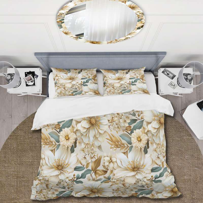 Ensemble de housse de couette beige à motif de pivoines tranquillité, Housse de couette pour très grand lit et 2 très