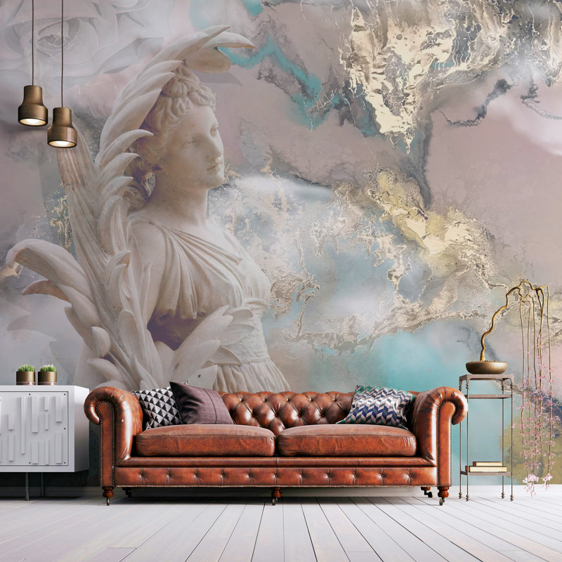 Statue ange, papier peint en marbre pastel, L 106 po x l 187 po