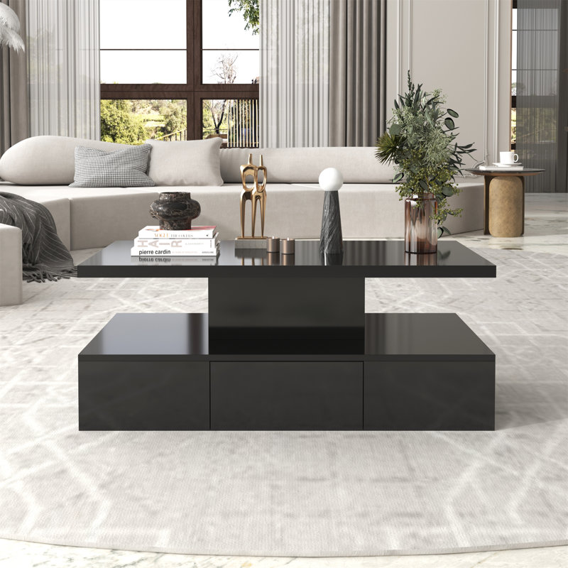 Table basse en bois ultrabrillant avec tiroir et DEL, Noir