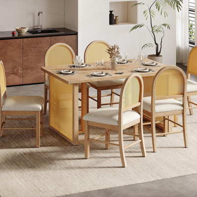 Ensemble de table de salle à manger 7 pièces pour table de salle à manger rectangulaire de 6 à 59,8 po avec placage de chêne vieilli et 6 chaises en rotin, mobilier de cuisine rustique pour la salle à manger (naturel)