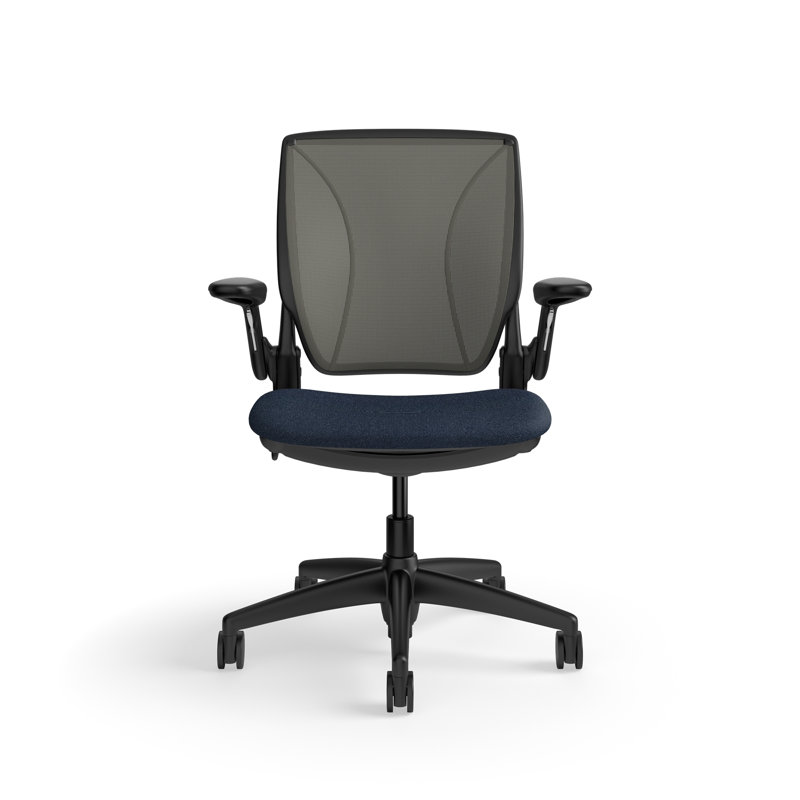 World LM, Ergonomic Task Chair with Poppy Seed Backrest, and  Autumn Upholstered Seat, Black, Slate Blue Fabric, Gray Mesh