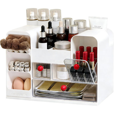 Organisateur de maquillage pour coiffeuse avec porte-pinceau, grand comptoir de rangement pour cosmétiques et soins de la peau avec tiroirs multiples, vitrine à maquillage pour rouges à lèvres, vernis à ongles, parfums, fard à paupières (blanc)