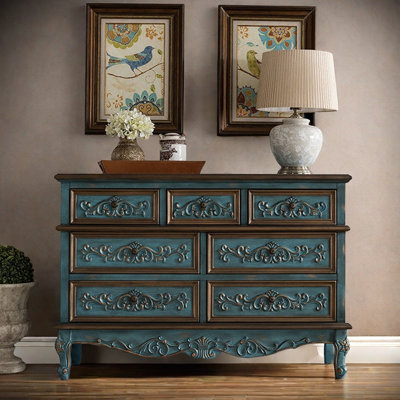 Solid Wood Carved Seven-Drawer Accent Chest