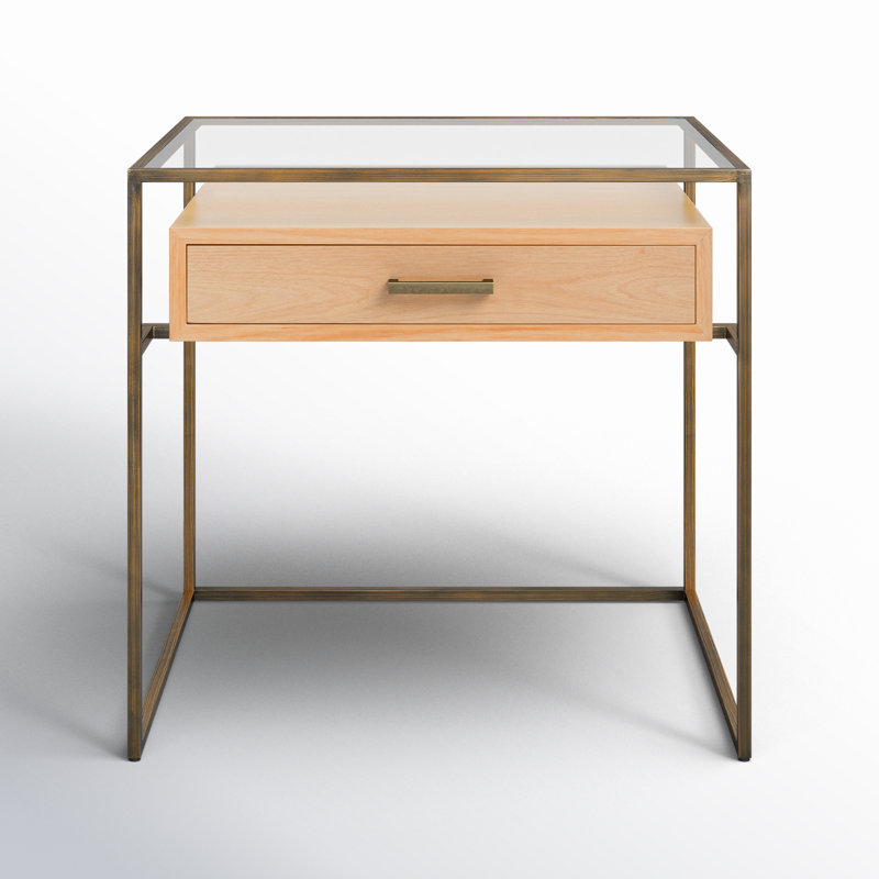 Glass End Table with Storage, Natural/Antique Brass