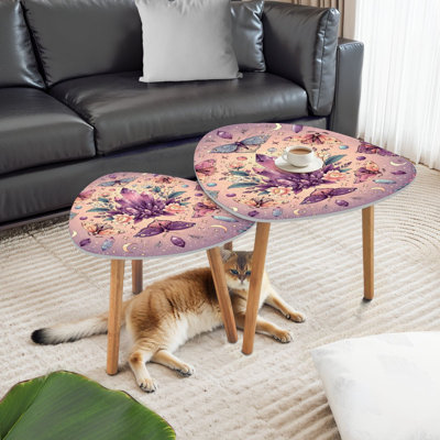 Ensemble de 2 tables basses gigognes triangulaires à motif de cristaux fantaisistes et de motifs de lune à motif de pastel et de table de bout moderne et minimaliste pour le salon et la chambre à coucher