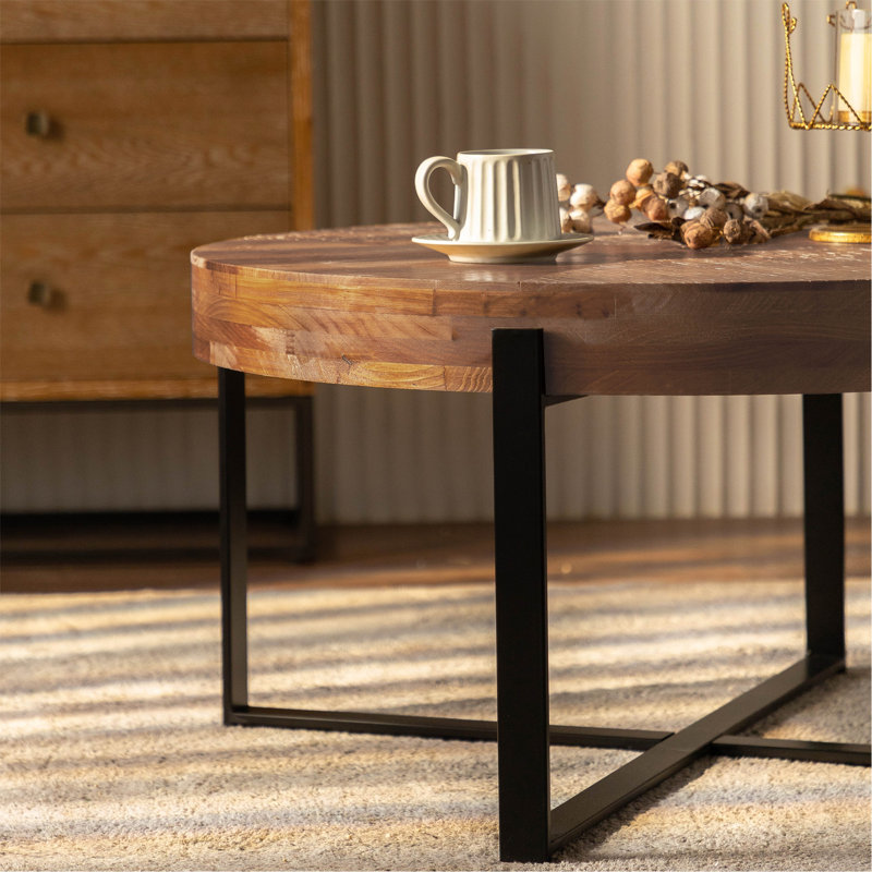 Solid Wood Top Single Coffee Table, Black, Natural, 17.72" H x 33.86" L x 33.86" W