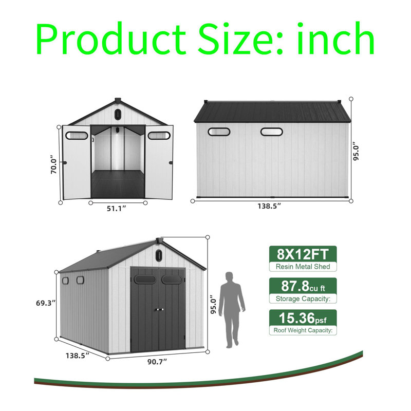 Remise de rangement extérieure 8 pi x 12 pi, construction en PP durable à double couche, renforcée d'acier, ventilée avec des puits de lumière et des portes verrouillables pour l'équipement de pelouse, les outils et le rangement de jardin
