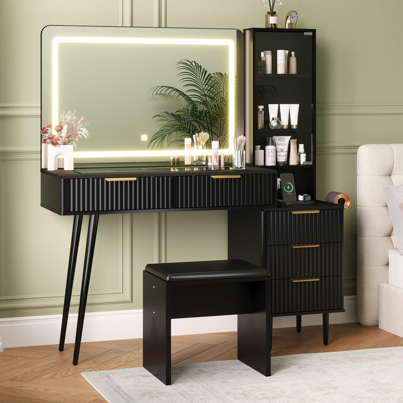 Vanity Desk with Mirror and Lights, 48" Makeup Vanity Table with 4 Drawers, 3-Shelves, Stool, Charging Station, Glass Top, 3 Color Modes & Adjustable Brightness, Modern Dressing Table Set for Bedroom