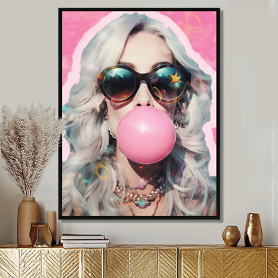 Retro Fashionista With Pink Bubble Gum - Woman Pop Wall Art Decor