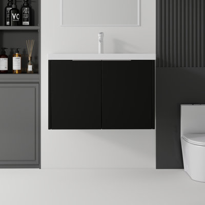 Flottant, meuble-lavabo de salle de bain avec lavabo, avec porte à fermeture en douceur, lavabo en céramique, contreplaqué, noir