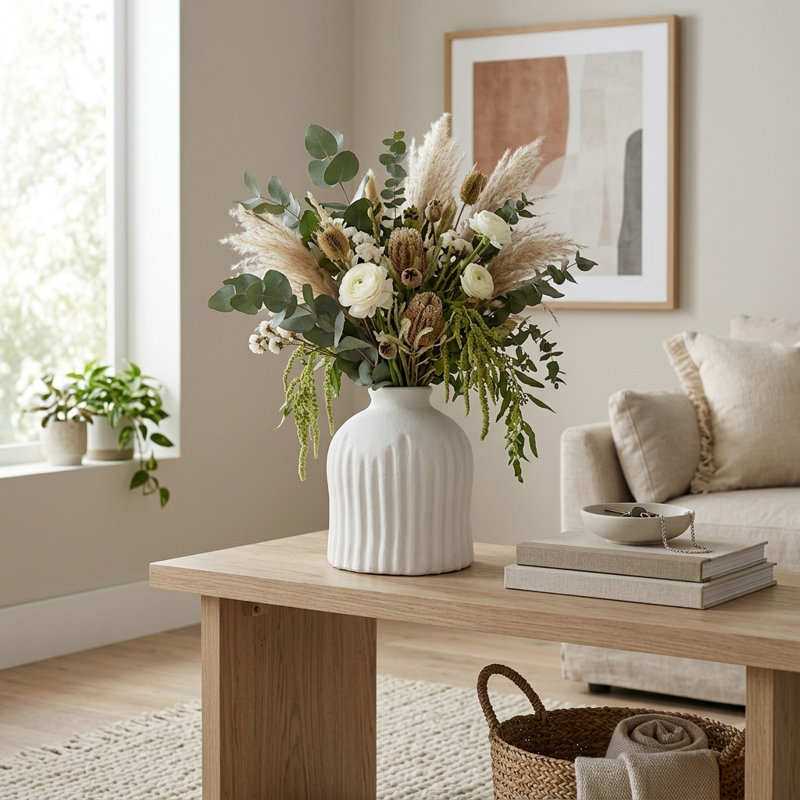 Vase décoratif décoratif moderne en terre cuite pour table de la maison - Grand vase à fleurs pour le salon ou le vestibule - 9 po, blanc