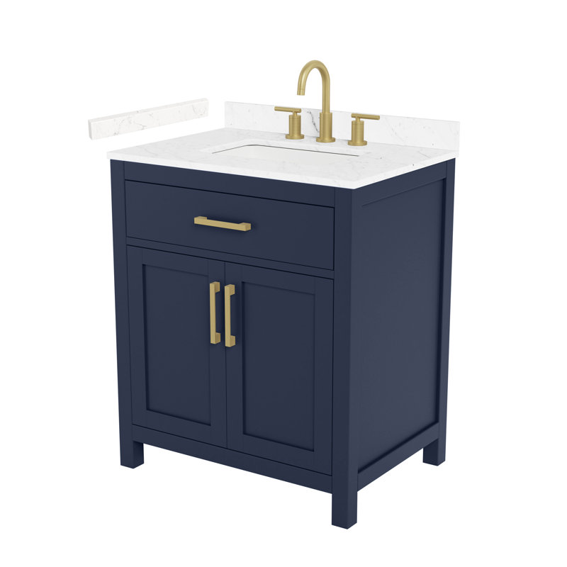 Meuble-lavabo simple de 30 po Beckett en bleu foncé, comptoir en marbre de culture de Carrare, lavabo carré encastré (3 trous), garniture or brossé