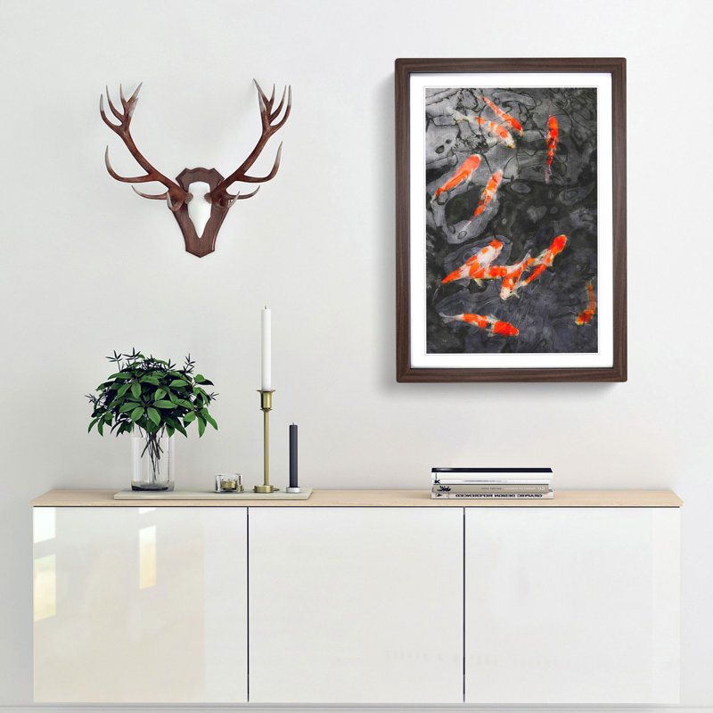 Carp and Koi Fish - Picture Frame Painting Print, 33cm H x 24cm W x 2cm D, Walnut Framed