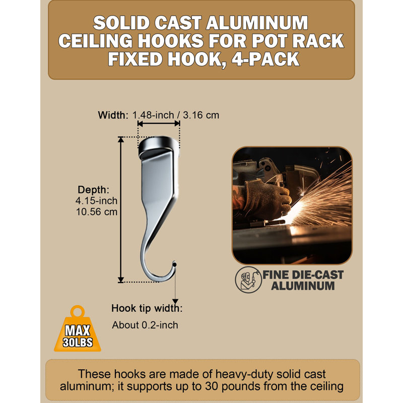 Cooks Standard 4-pack Solid Cast Aluminum Ceiling Hooks For Pot Rack, Fixed Hook