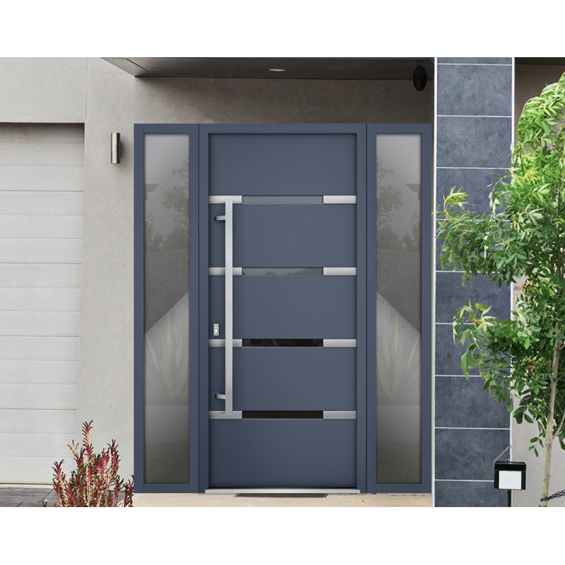 Porte avant en acier pré-suspendue à l'avant / deux graphite gris 1105/2 fenêtres extérieures latérales / inserts en acier inoxydable simples peints de style moderne - l 14 + 36 + 14 po x H 80 po - Ouverture à droite