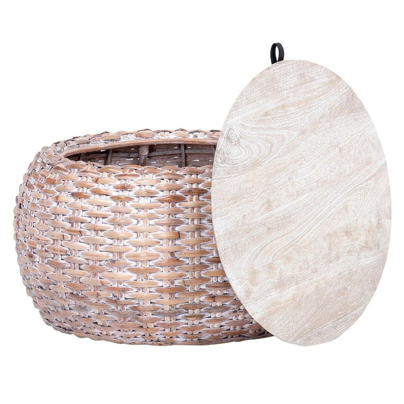 Natural White Wash Wood and Rattan Round Coffee Table