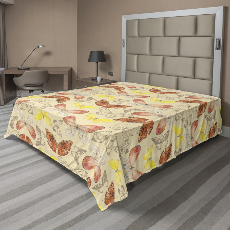 Drap plat à motif de feuilles de saumon foncé et moutarde Ambesonne, Drap plat pour très grand lit californien