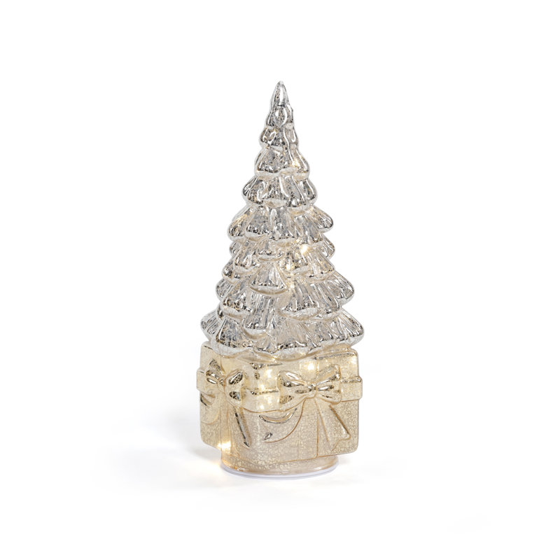 Sapin de Noël rotatif à DEL sur présentoir de table, Silver on Gold w/ Gold Ribbon