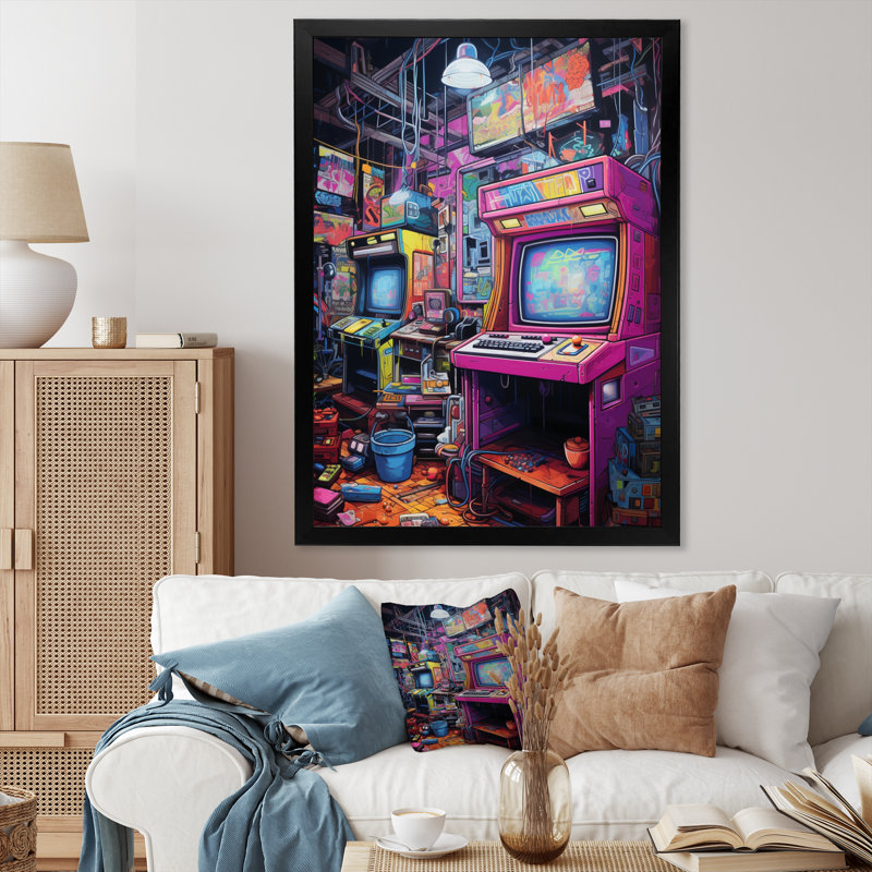 Jeu vidéo mauve bleu rétro, H 40 po x l 30 po x P 1,5 po, Cadre simple noir