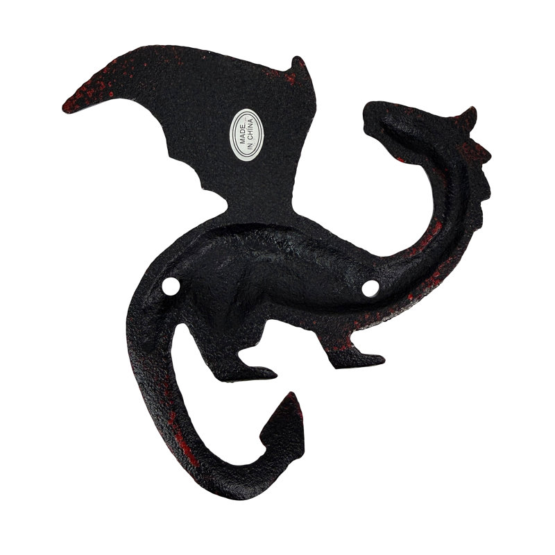 Ensemble de 3 crochets muraux en fonte en forme de dragon, couleur rouille rouge avec détails noirs, hauteur 13,3 cm (5,25 pouces).