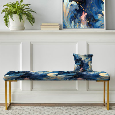 Ikat Mirage blanc et bleu - Banc abstrait tapissier doré