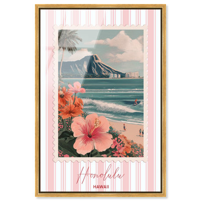 «Honolulu Travel Stamp», impression sur affiche encadrée par Art Remedy, cadre doré, 30 x 45