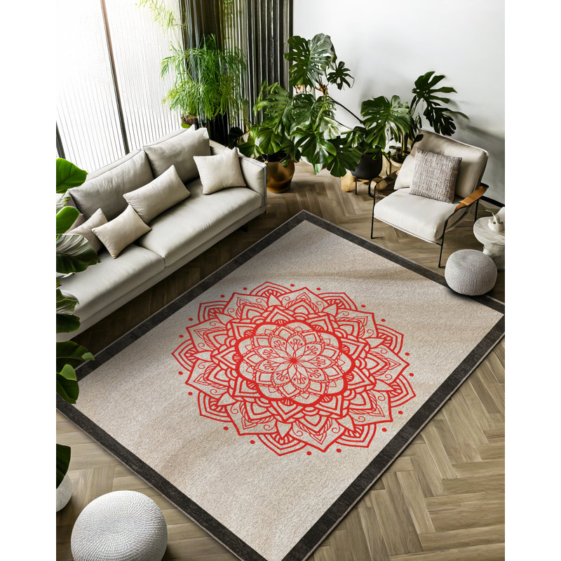 Qasida Collection Digital Print Cotton-Polyester Beige Red Moroccan Rug, Runner 3'4" x 16'5"