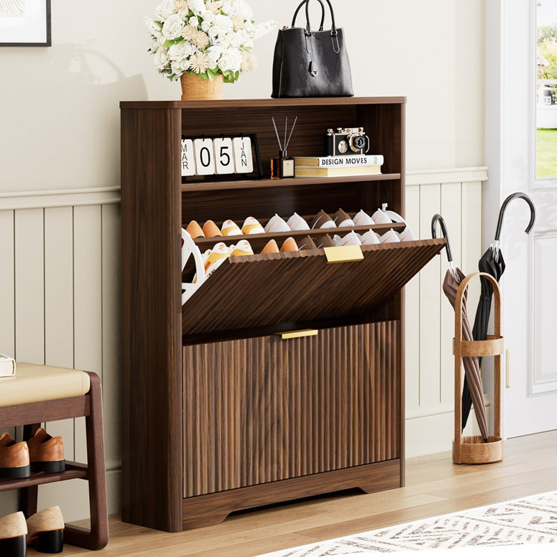 20 Pair Shoe Storage Cabinet With 2 Flip Drawers, 40" H x 31.6" W x 9.6" D, Natural