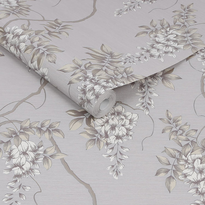 Zen Floral Metallic Wallpaper Double Roll, Mauve