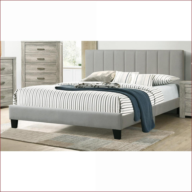 Structure de grand lit plateforme en polyfibre avec tête de lit capitonnée verticale - gris, aucun sommier nécessaire pour la chambre à coucher