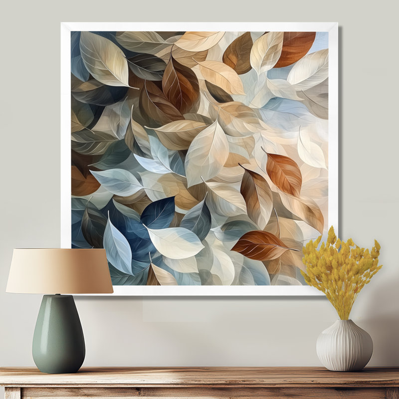 Feuilles d'amande soufflées au vent I - feuilles, art mural, H 16 po x l 16 po, Picture Framed Print, Blanc
