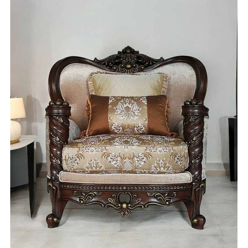 Advaith 46" Wide Velvet Armchair in Beige/Walnut