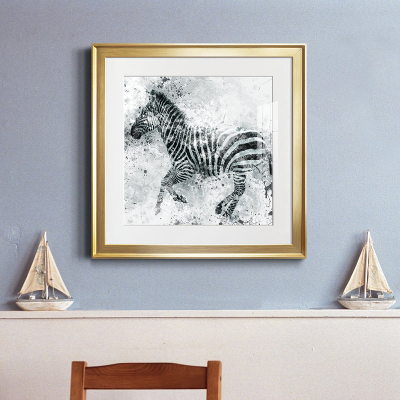 Zèbre II - peinture encadrée, Papier encadré doré, H 17,5 po x l 17,5 po x P 1,5 po