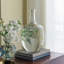 Vase en verre transparent avec motif botanique vert et or, 16,5 po