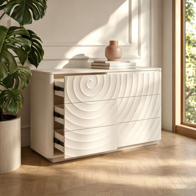 Commode à 6 tiroirs de 46,5 po de largeur Morandi pour chambre à coucher, commode moderne en bois massif avec design ondulé 3D, sans poignée et bord arrondi, organisateur de rangement en bois pour placard, chambre de bébé, salon, appartement