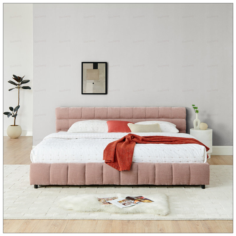 Lit plateforme tapissier confortable avec rangement pratique pour les chambres modernes et organisées, Rose