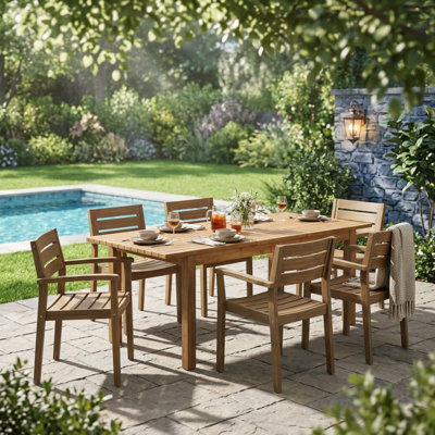 7 Pieces Acacia Wood Outdoor Dining Set S,Modern 6 Chairs  1 Large Table,Dining Furniture Set For Lawn, Backyard, Garden Deck,Poolside,Grey